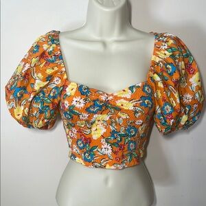 Zara Orange and Blue Puff Sleeve Crop Top